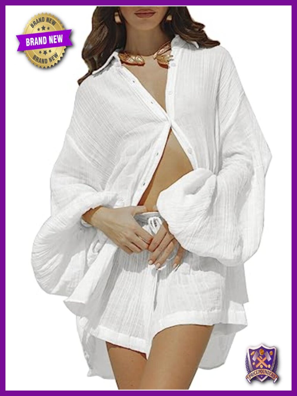 Fixmatti Women 2 Piece Outfit Lantern Sleeve Button Down Shirt & Shorts Set